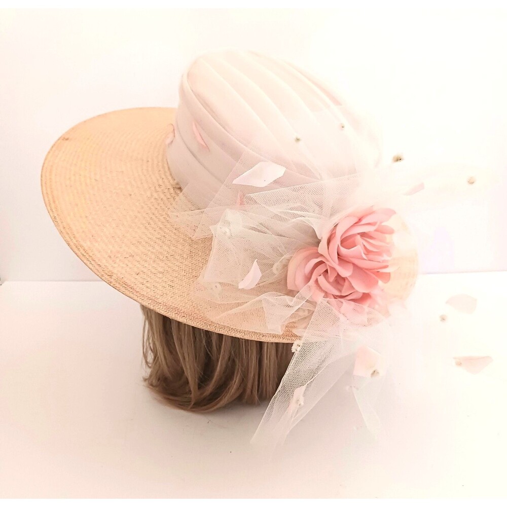 VTG Sonni San Francisco Straw Hat Wide Brim Tulle/Pk Rose Garden Party Wedding